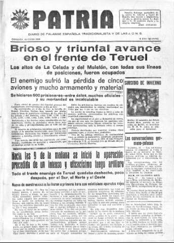 'Patria  : diario de Falange Española Tradicionalista y de las J.O.N.S.' - Año IV Número 129  - 1938 Enero 18