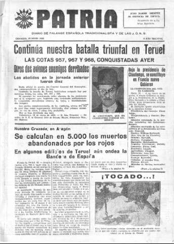 'Patria  : diario de Falange Española Tradicionalista y de las J.O.N.S.' - Año IV Número 130  - 1938 Enero 19