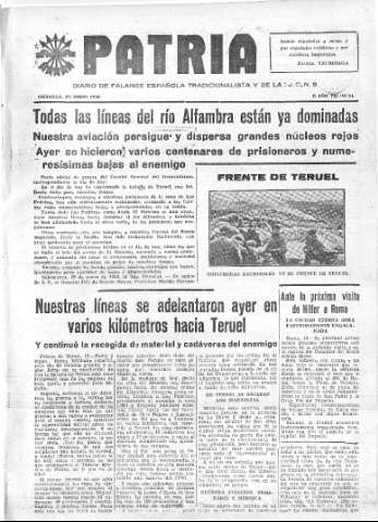 'Patria  : diario de Falange Española Tradicionalista y de las J.O.N.S.' - Año IV Número 131  - 1938 Enero 20