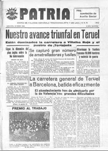 'Patria  : diario de Falange Española Tradicionalista y de las J.O.N.S.' - Año IV Número 133  - 1938 Enero 22