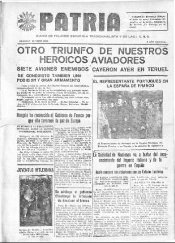 'Patria  : diario de Falange Española Tradicionalista y de las J.O.N.S.' - Año IV Número 135  - 1938 Enero 25