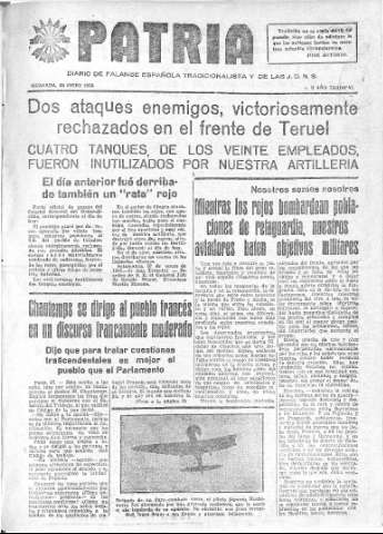 'Patria  : diario de Falange Española Tradicionalista y de las J.O.N.S.' - Año IV Número 138  - 1938 Enero 28