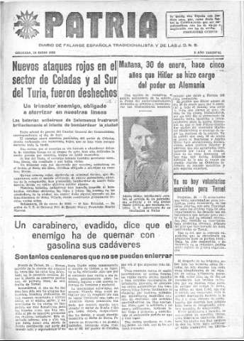 'Patria  : diario de Falange Española Tradicionalista y de las J.O.N.S.' - Año IV Número 139  - 1938 Enero 29