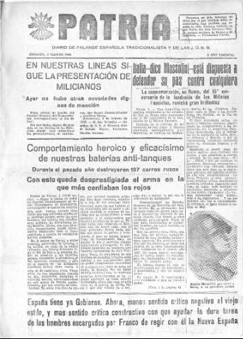'Patria  : diario de Falange Española Tradicionalista y de las J.O.N.S.' - Año IV Número 142  - 1938 Febrero 02