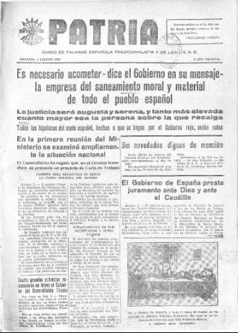 'Patria  : diario de Falange Española Tradicionalista y de las J.O.N.S.' - Año IV Número 143  - 1938 Febrero 03