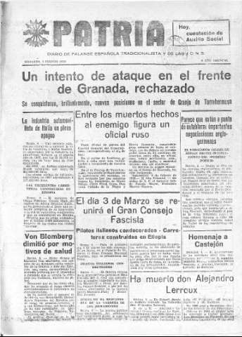 'Patria  : diario de Falange Española Tradicionalista y de las J.O.N.S.' - Año IV Número 145  - 1938 Febrero 05