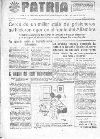 'Patria  : diario de Falange Española Tradicionalista y de las J.O.N.S.' - Año IV Número 148  - 1938 Febrero 09