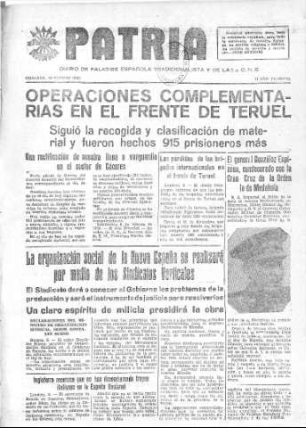 'Patria  : diario de Falange Española Tradicionalista y de las J.O.N.S.' - Año IV Número 144  - 1938 Febrero 10