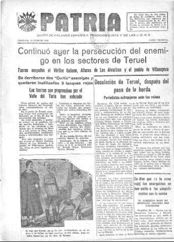 'Patria  : diario de Falange Española Tradicionalista y de las J.O.N.S.' - Año IV Número 156  - 1938 Febrero 24