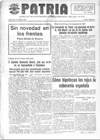 'Patria  : diario de Falange Española Tradicionalista y de las J.O.N.S.' - Año IV Número 159  - 1938 Febrero 27