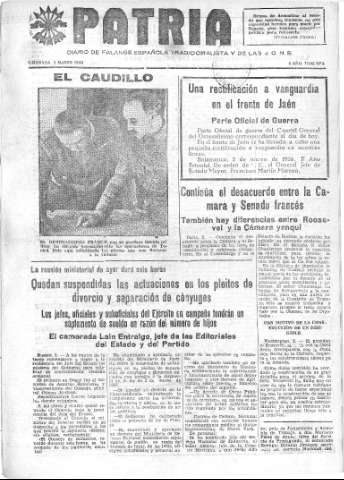 'Patria  : diario de Falange Española Tradicionalista y de las J.O.N.S.' - Año IV Número 162  - 1938 Marzo 03
