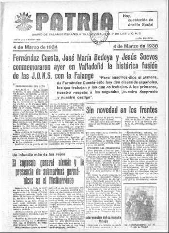 'Patria  : diario de Falange Española Tradicionalista y de las J.O.N.S.' - Año IV Número 164  - 1938 Marzo 05