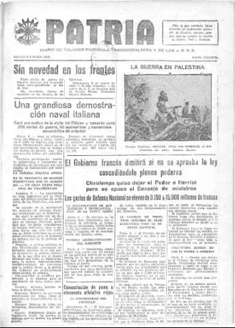 'Patria  : diario de Falange Española Tradicionalista y de las J.O.N.S.' - Año IV Número 167  - 1938 Marzo 09