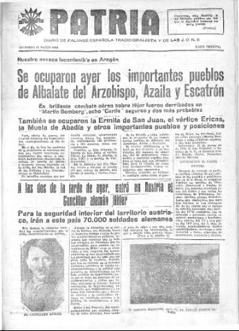 'Patria  : diario de Falange Española Tradicionalista y de las J.O.N.S.' - Año IV Número 171  - 1938 Marzo 13