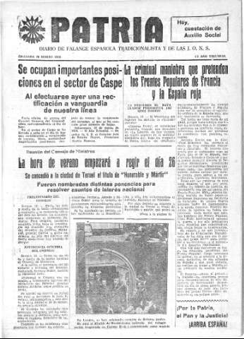 'Patria  : diario de Falange Española Tradicionalista y de las J.O.N.S.' - Año IV Número 177  - 1938 Marzo 20