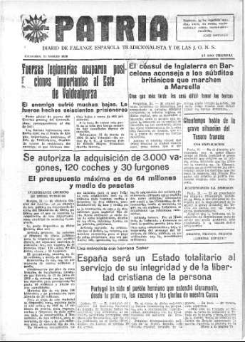 'Patria  : diario de Falange Española Tradicionalista y de las J.O.N.S.' - Año IV Número 178  - 1938 Marzo 22
