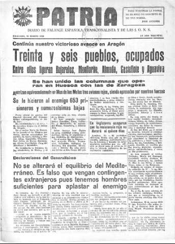 'Patria  : diario de Falange Española Tradicionalista y de las J.O.N.S.' - Año IV Número 182  - 1938 Marzo 26