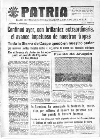 'Patria  : diario de Falange Española Tradicionalista y de las J.O.N.S.' - Año IV Número 185  - 1938 Marzo 30