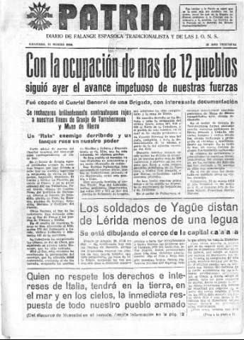 'Patria  : diario de Falange Española Tradicionalista y de las J.O.N.S.' - Año IV Número 186  - 1938 Marzo 31