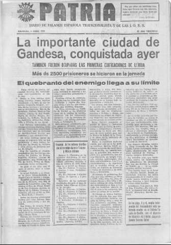 'Patria  : diario de Falange Española Tradicionalista y de las J.O.N.S.' - Año IV Número 189  - 1938 Abril 03