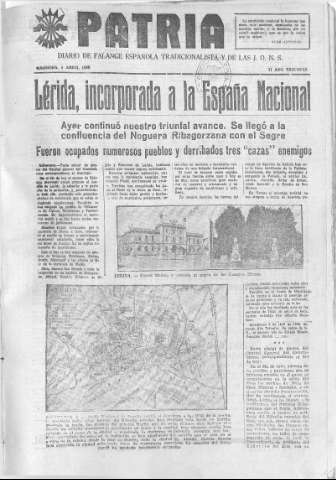 'Patria  : diario de Falange Española Tradicionalista y de las J.O.N.S.' - Año IV Número 190  - 1938 Abril 05