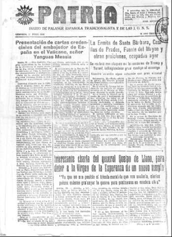 'Patria  : diario de Falange Española Tradicionalista y de las J.O.N.S.' - Año IV Número 302  - 1938 Julio 01