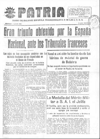 'Patria  : diario de Falange Española Tradicionalista y de las J.O.N.S.' - Año IV Número 307  - 1938 Julio 07