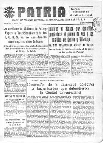 'Patria  : diario de Falange Española Tradicionalista y de las J.O.N.S.' - Año IV Número 308  - 1938 Julio 08