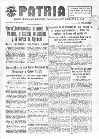 'Patria  : diario de Falange Española Tradicionalista y de las J.O.N.S.' - Año IV Número 311  - 1938 Julio 12