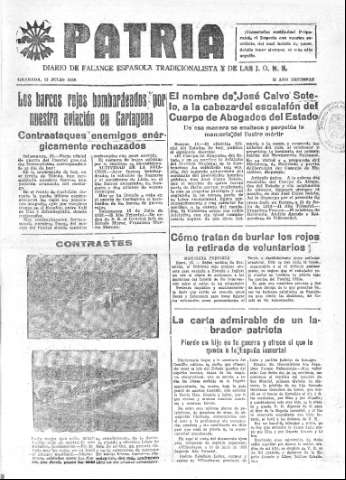 'Patria  : diario de Falange Española Tradicionalista y de las J.O.N.S.' - Año IV Número 312  - 1938 Julio 13