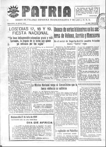'Patria  : diario de Falange Española Tradicionalista y de las J.O.N.S.' - Año IV Número 315  - 1938 Julio 16