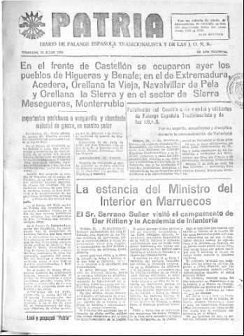 'Patria  : diario de Falange Española Tradicionalista y de las J.O.N.S.' - Año IV Número 320  - 1938 Julio 22