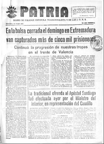 'Patria  : diario de Falange Española Tradicionalista y de las J.O.N.S.' - Año IV Número 323  - 1938 Julio 26