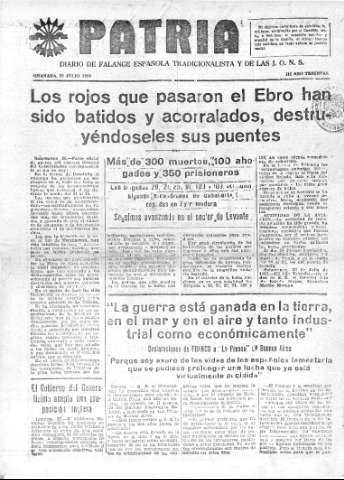 'Patria  : diario de Falange Española Tradicionalista y de las J.O.N.S.' - Año IV Número 324  - 1938 Julio 27