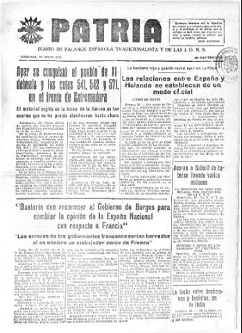 'Patria  : diario de Falange Española Tradicionalista y de las J.O.N.S.' - Año IV Número 326  - 1938 Julio 29