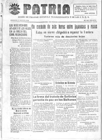 'Patria  : diario de Falange Española Tradicionalista y de las J.O.N.S.' - Año IV Número 329  - 1938 Agosto 02