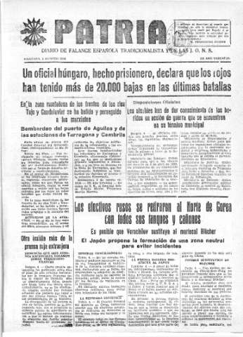 'Patria  : diario de Falange Española Tradicionalista y de las J.O.N.S.' - Año IV Número 332  - 1938 Agosto 05