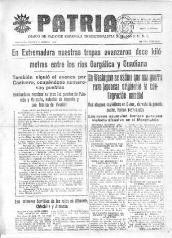 'Patria  : diario de Falange Española Tradicionalista y de las J.O.N.S.' - Año IV Número 337  - 1938 Agosto 11