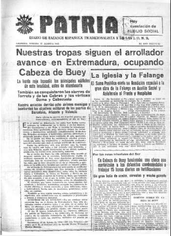 'Patria  : diario de Falange Española Tradicionalista y de las J.O.N.S.' - Año IV Número 339  - 1938 Agosto 13