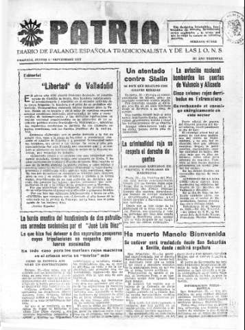 'Patria  : diario de Falange Española Tradicionalista y de las J.O.N.S.' - Año IV Número 355  - 1938 Septiembre 01
