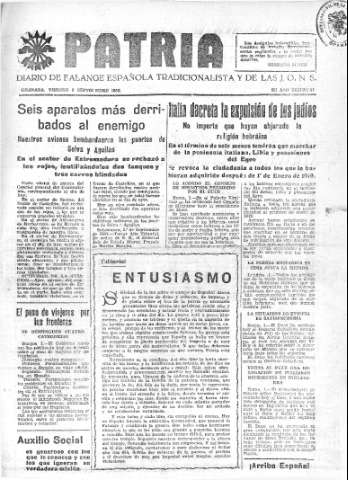 'Patria  : diario de Falange Española Tradicionalista y de las J.O.N.S.' - Año IV Número 356  - 1938 Septiembre 02