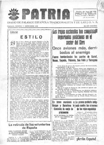 'Patria  : diario de Falange Española Tradicionalista y de las J.O.N.S.' - Año IV Número 358  - 1938 Septiembre 04
