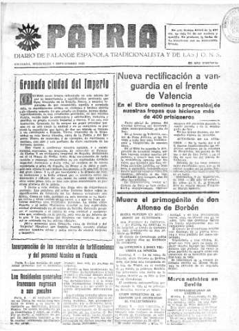 'Patria  : diario de Falange Española Tradicionalista y de las J.O.N.S.' - Año IV Número 360  - 1938 Septiembre 07
