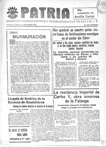 'Patria  : diario de Falange Española Tradicionalista y de las J.O.N.S.' - Año IV Número 363  - 1938 Septiembre 10