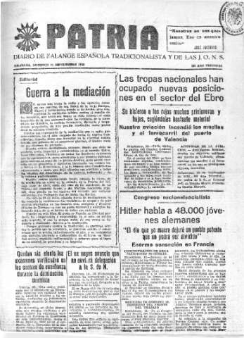 'Patria  : diario de Falange Española Tradicionalista y de las J.O.N.S.' - Año IV Número 364  - 1938 Septiembre 11