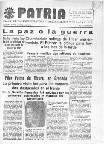 'Patria  : diario de Falange Española Tradicionalista y de las J.O.N.S.' - Año IV Número 366  - 1938 Septiembre 15