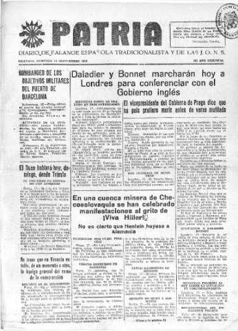 'Patria  : diario de Falange Española Tradicionalista y de las J.O.N.S.' - Año IV Número 369  - 1938 Septiembre 18
