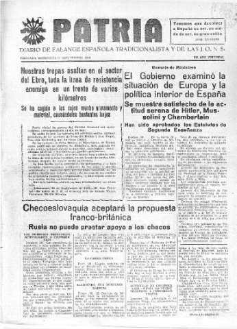 'Patria  : diario de Falange Española Tradicionalista y de las J.O.N.S.' - Año IV Número 370  - 1938 Septiembre 21