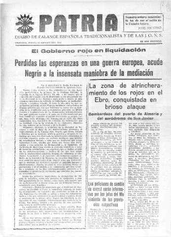 'Patria  : diario de Falange Española Tradicionalista y de las J.O.N.S.' - Año IV Número 371  - 1938 Septiembre 22