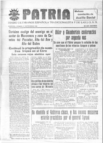 'Patria  : diario de Falange Española Tradicionalista y de las J.O.N.S.' - Año IV Número 372  - 1938 Septiembre 23